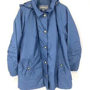 Eddie Bauer Womens Blue Nylon Button Up Hooded Rain Coat Lined Size 2X